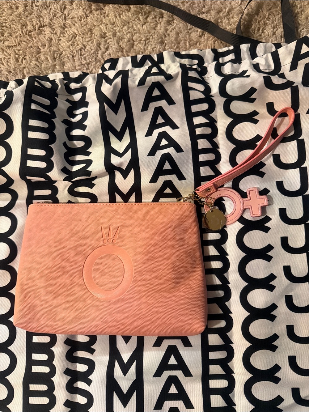 Peach Leather Wristlet Pouch with Charm